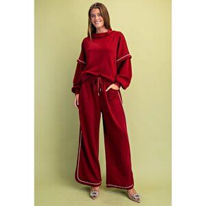 Gigio Elevated Double Soft Knit Mock Neck Sweatshirt and Matching Pants Maroon